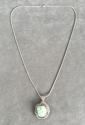 Unusual Variscite Pendant Hand Wrapped Sterling Silver Wire 24" Necklace - Picture 7 of 12
