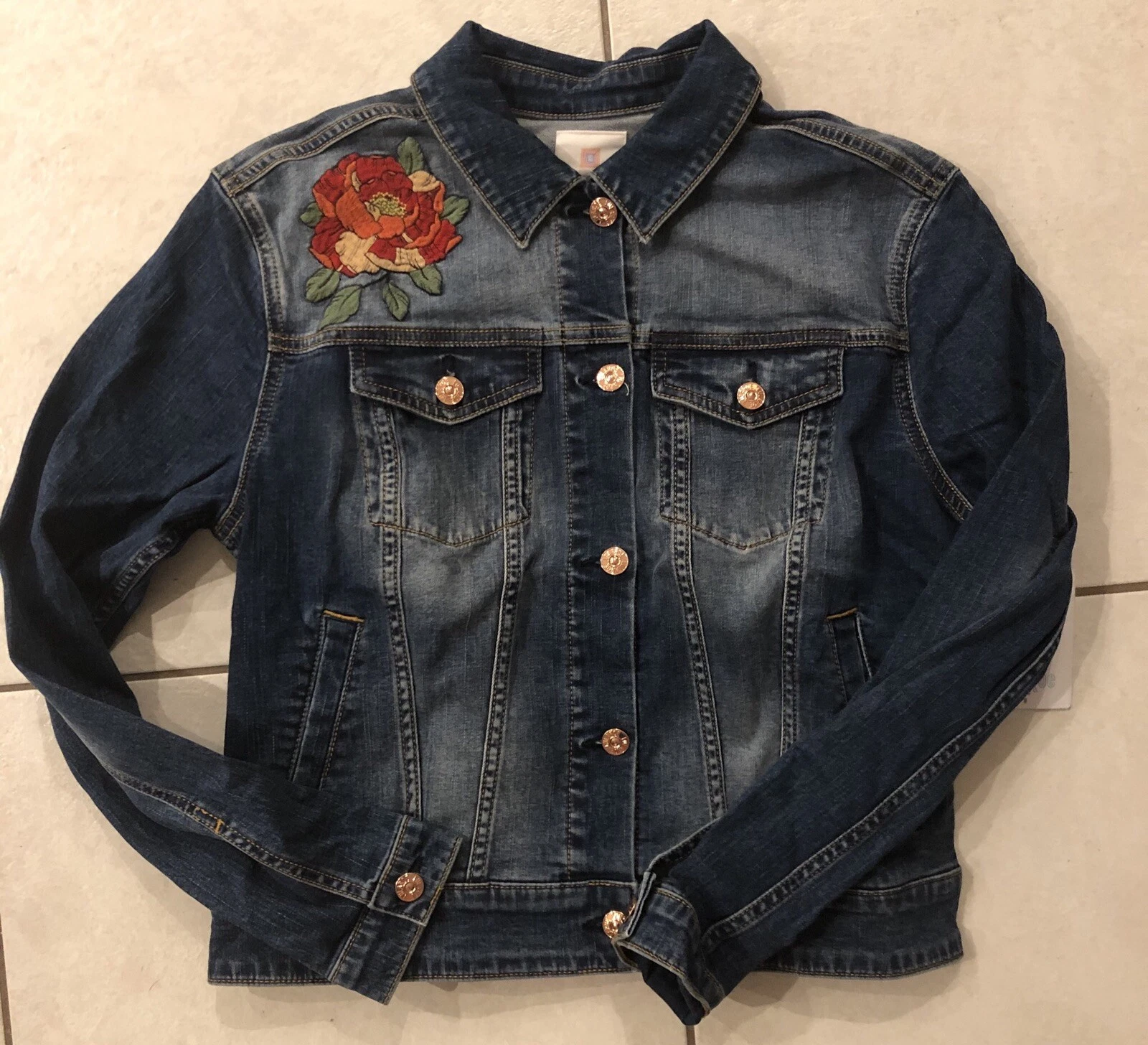 NWT LuLaRoe Harvey Red Floral Rose Denim Jean Jacket Size MEDIUM