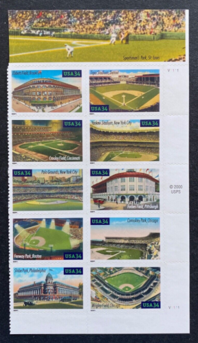 US Stamps, Scott #3510-19 Baseball’s Legendary Fields plt bk 34c 2001 XF/S Mint - Picture 1 of 2