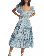 LoveShackFancy Masie Shirred Floral-print Cotton-voile Midi Dress Small rrp£480