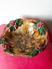 barbotines ancienne Coupe Céramique Décor Raisins Vigne Vintage 40/60 Signé 