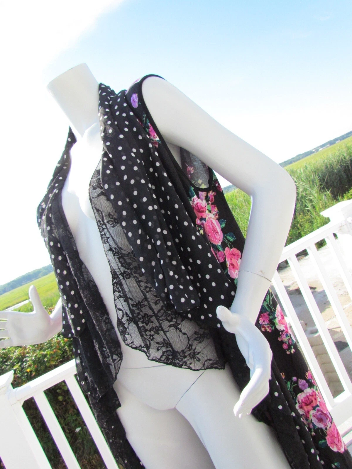 NEW S PYRAMID COLLECTION black lace duster pink roses polka dot vest long sexy