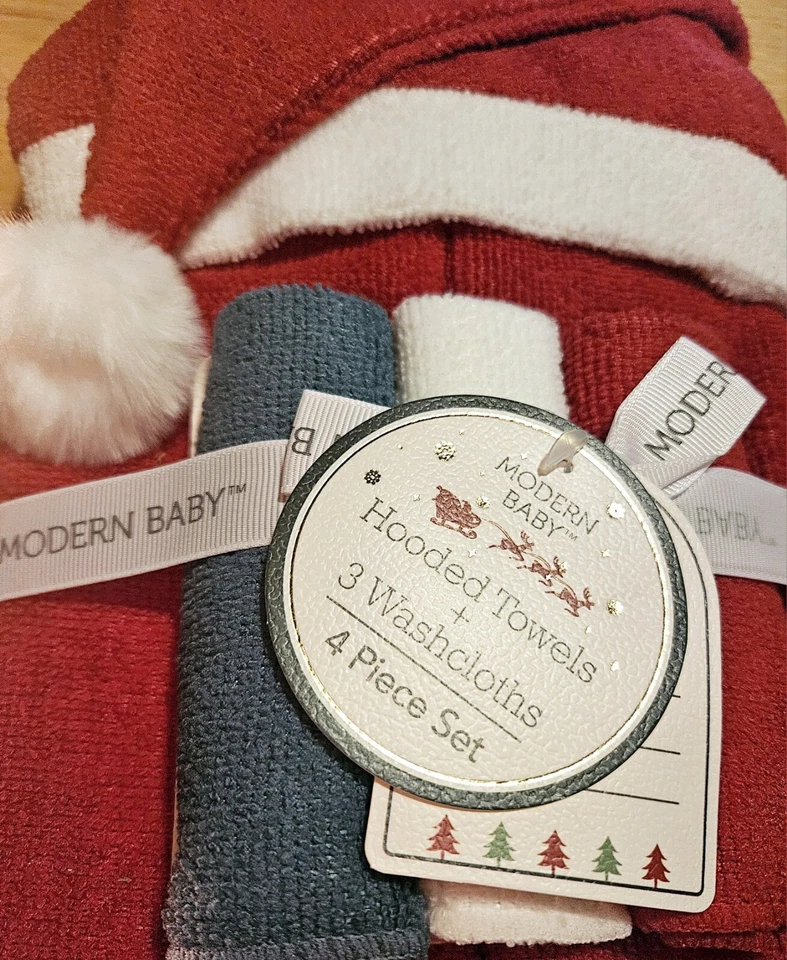 Toalla moderna con capucha para bebé y 3 paños Santa Navidad conjunto de 4 piezas nuevo con etiqueta Foto 3 de 4