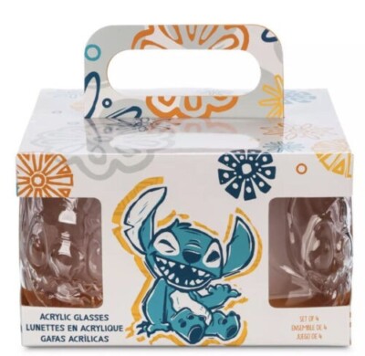 Disney Parks STITCH Sculpted Acrylic Drinking Tumbler Glass 26oz Set Of 4 NEW
