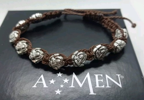 BRACCIALE AMEN MEDAGLIETTE IMMAGINI SACRE ,CORDA INTRECCIATA MARRONE,REGOLABILE - Foto 3 di 8