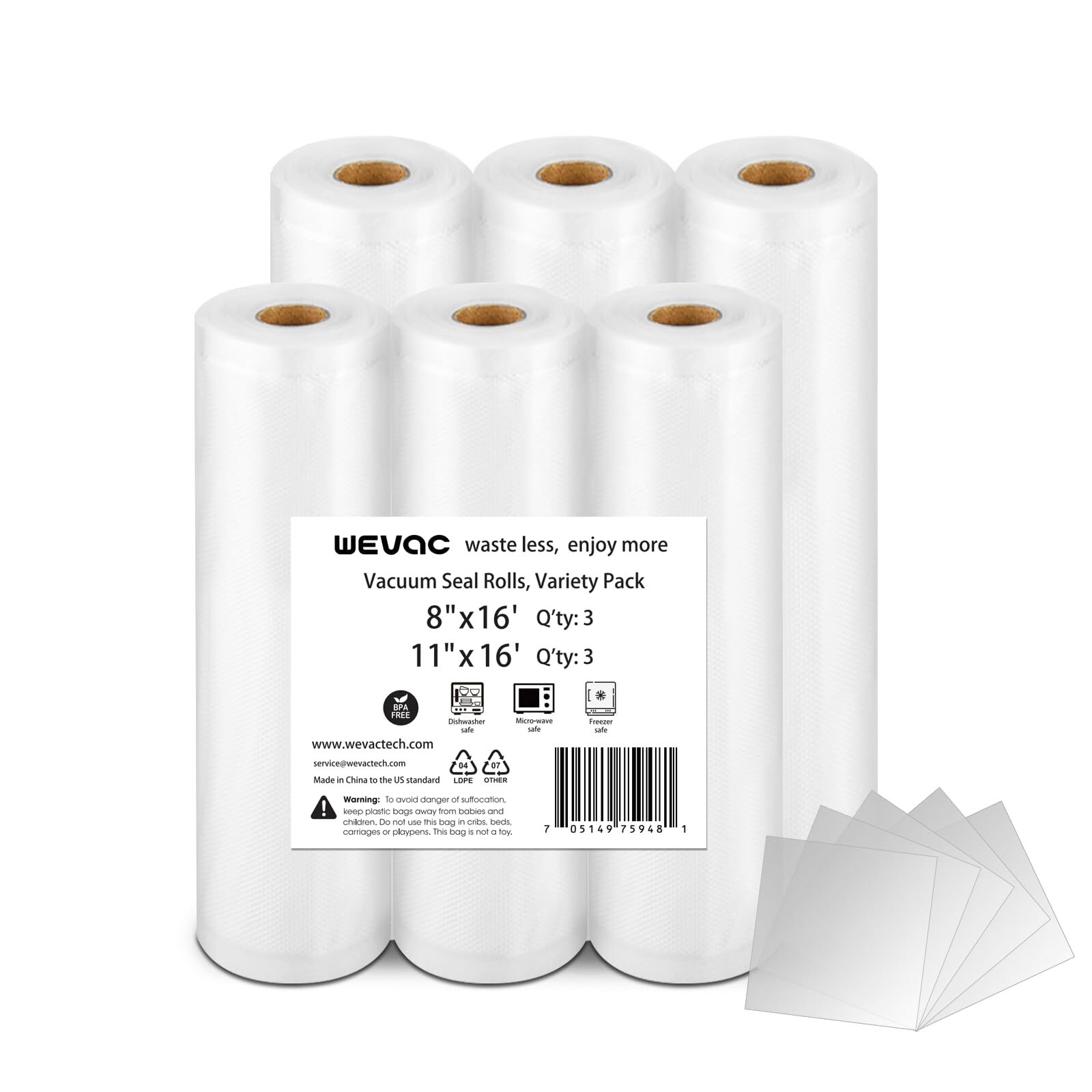 6 Pack 11x16ft & 8x16ft Vacuum Sealer Bags Rolls for FoodSaver Weston