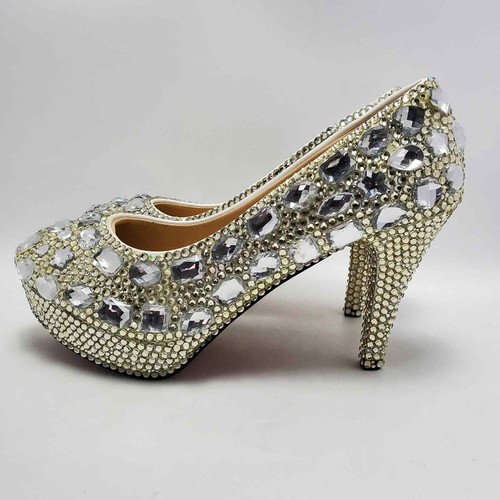 Zapatos de tacón de plataforma metálicos con cuentas de diamantes de imitación de cristal para boda talla 42 - Imagen 7 de 15