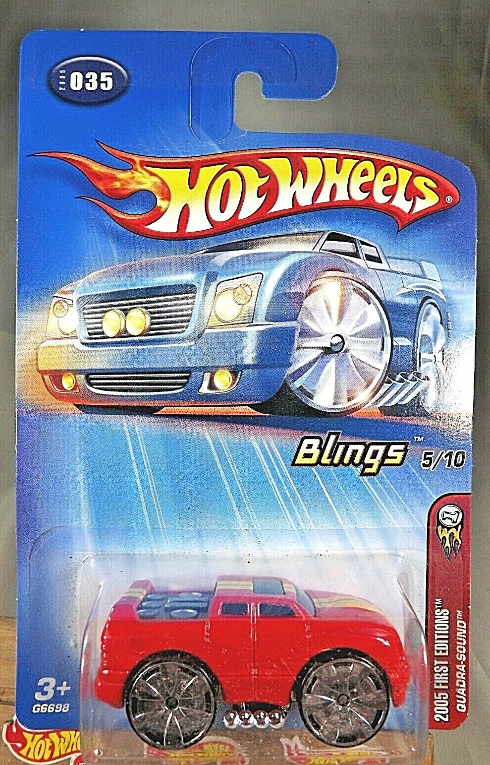 2005 Hot Wheels #35 First Editions-Blings 5/10 QUADRA-SOUND Red w/Bling Spokes