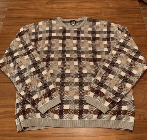 Vintage Jos A Bank Sweater Mens XL Tan Checkered Windowpane Texture Cotton USA