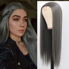 Women Long Straight Lace Front Wig Gray Synthetic Hair Wigs Heat Safe Glueless