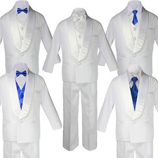 Baby Boy White Satin Shawl Lapel Tuxedo ROYAL BLUE Satin Bow Necktie Vest Set