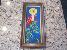VINTAGE WOOD FRAMED CHRISTMAS CANDLE NEEDLEPOINT EMBROIDERY ART HAND STITCHED