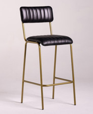 NEW ~ Diner Bar Stool BLACK Real Leather Seat ~ Antique Brass Metal Frame 75cm
