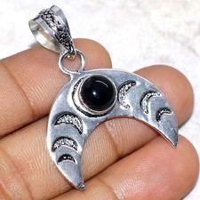 925 Silver Plated Moon Black Onyx Pendant 1.4" Office Party Gift Trendy JW