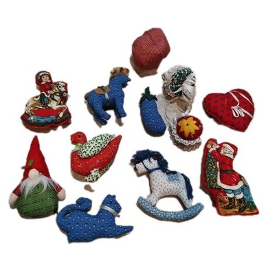 VTG Christmas Ornament Fabric Rocking Horse Bird Santa Cat Farm Lot Of 12