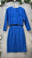 Faux Suede Top  Skirt Suit Set Blue 8 Vintage Doncaster Jacket Back Buttons
