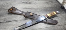 VINTAGE LINDER ARKANSAS TOOTHPICK STAG HANDLE KNIFE MADE IN GERMANY W/ SHEATH