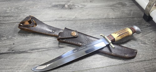 VINTAGE LINDER ARKANSAS TOOTHPICK STAG HANDLE KNIFE MADE IN GERMANY W/ SHEATH