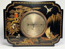 ANTIQUE BLACK CHINOISERIE ANEROID BAROMETER, 1930s, LOVELY CONDITION