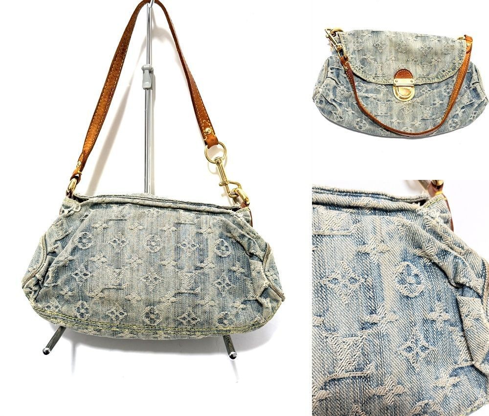 Louis Vuitton Monogram Denim Mini Pleaty M95050 Blue Brown Vintage