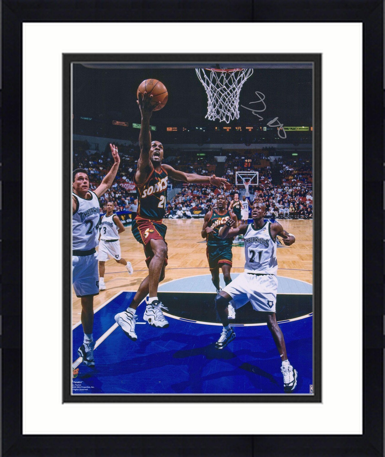 Gary Payton Autographed Signed Seattle Supersonics Framed 16" x 20" Layup vs Minnesota Photo 