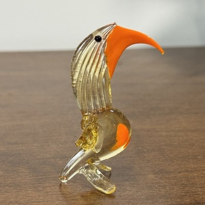 Vintage Hand Blown Art Glass Toucan Bird Figurine Orange Clear Yellow Decor