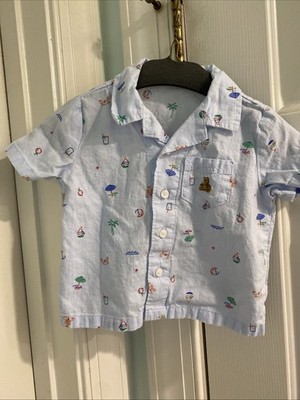 Cotton Linen Blend Beach Teddy Bear Baby Gap Blue Button Shirt 6-12 Months