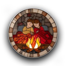 Couple Sharing Blanket Fireplace Stained Glass Style Opaque Vinyl Sticker Decal