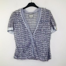 St John Couture Women's 6 Cardigan Eyelash Sweater Short Sleeve Blue Purple AF24