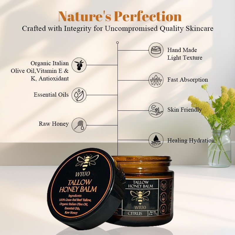 Organic Grass-Fed Beef Tallow Balm with Raw Honey - Unscented Skin Moisturizer