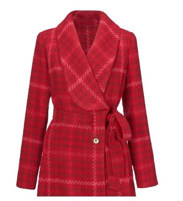 Cabi Evita Trench Houndstooth Red, Pink Plaid Tweed Collar Belt Tie Size Small
