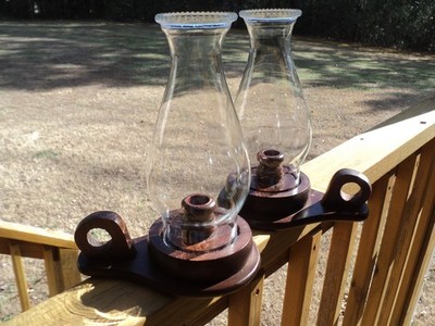 Pair  ( 2 )  - Vintage Wooden Finger Candle Holder With Glass Chimney Shade