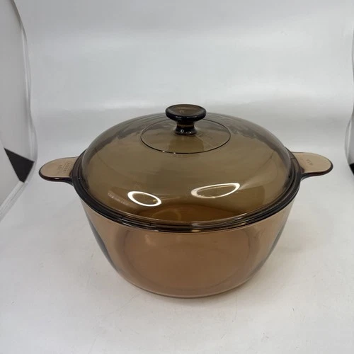 Vtg Visions Corning Ware Pyrex Amber 4.5L Glass Dutch Oven Stock Pot & Lid