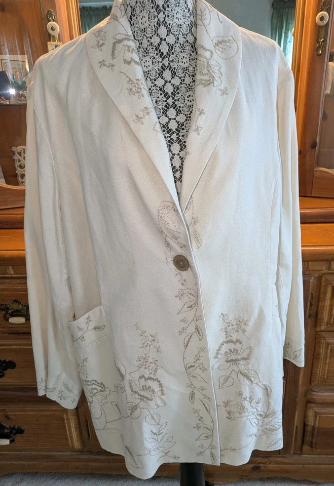 Blazer J.Jill Desert Bloom Floral Lino Plus 2X Beige Un Botón Uso Profesional Usado en Excelente Condición Foto 2 de 4