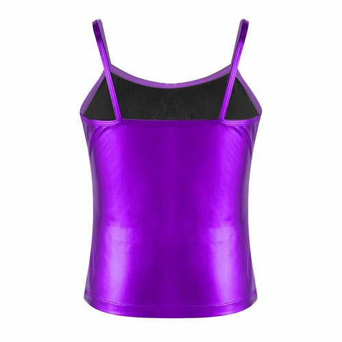 Girl Metallic Dance Tank Kids Camisole Shorts Sports Top Shiny Stage Dancewear - Picture 82 of 108