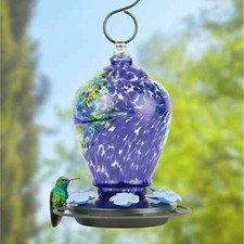 Hummingbird Feeder Artisan Gravity Glass Outdoor Bird Watching Easy Fill Blue