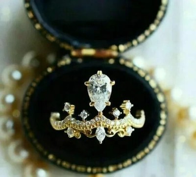 3Ct Pear Lab Created Diamond Crown Women Engagement Ring 14K Yellow Gold Plated