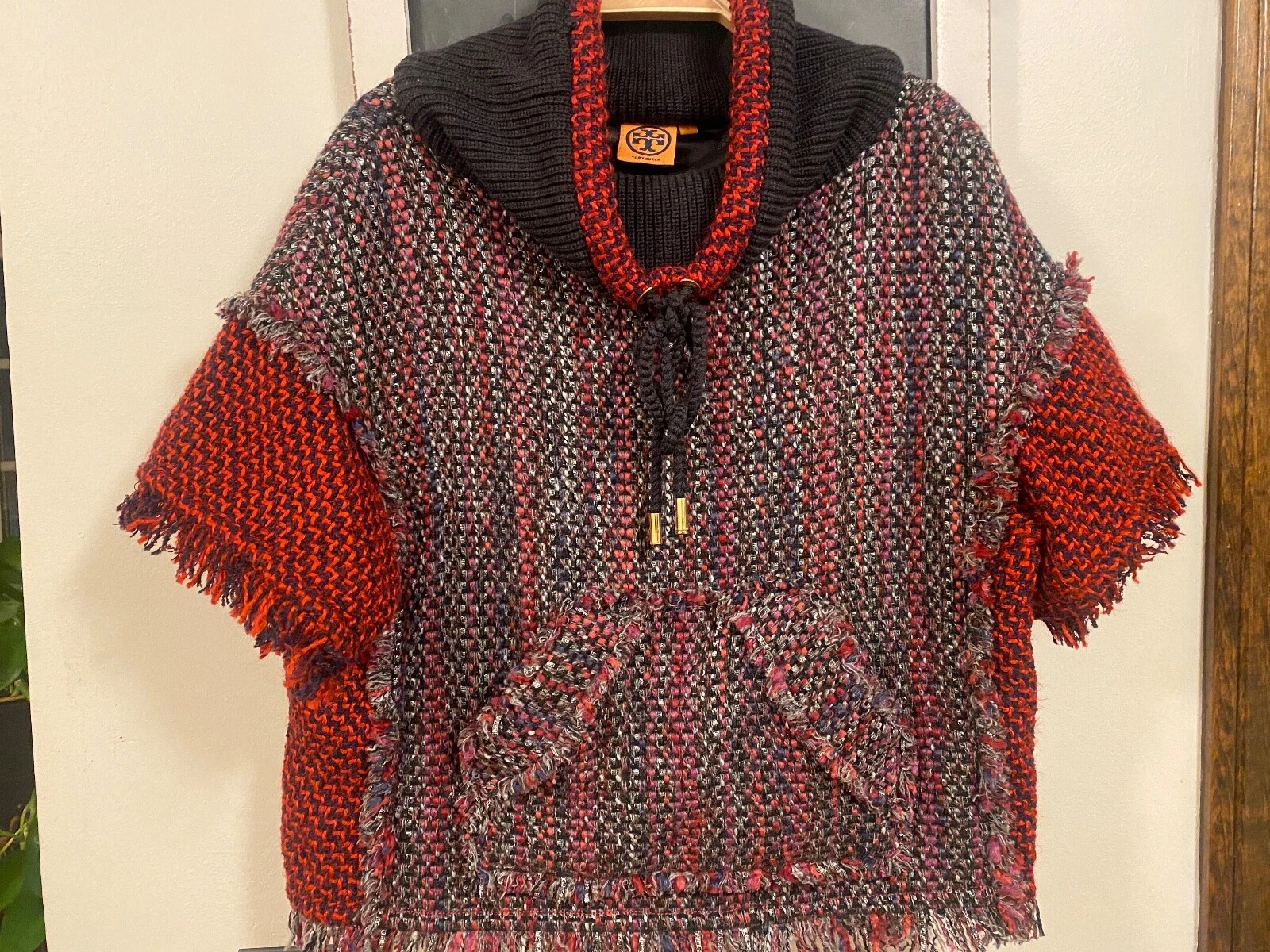 Tory Burch maglione donna lana arazzo felpa tasca anteriore frange top boho S