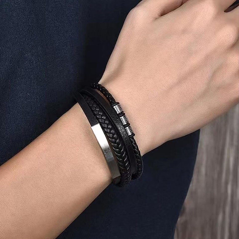 MCBC010283 6mm Genune Braded Bolo Leather Stanless Steel Crcular Clasp Bracelet 21cm / 8 1/4