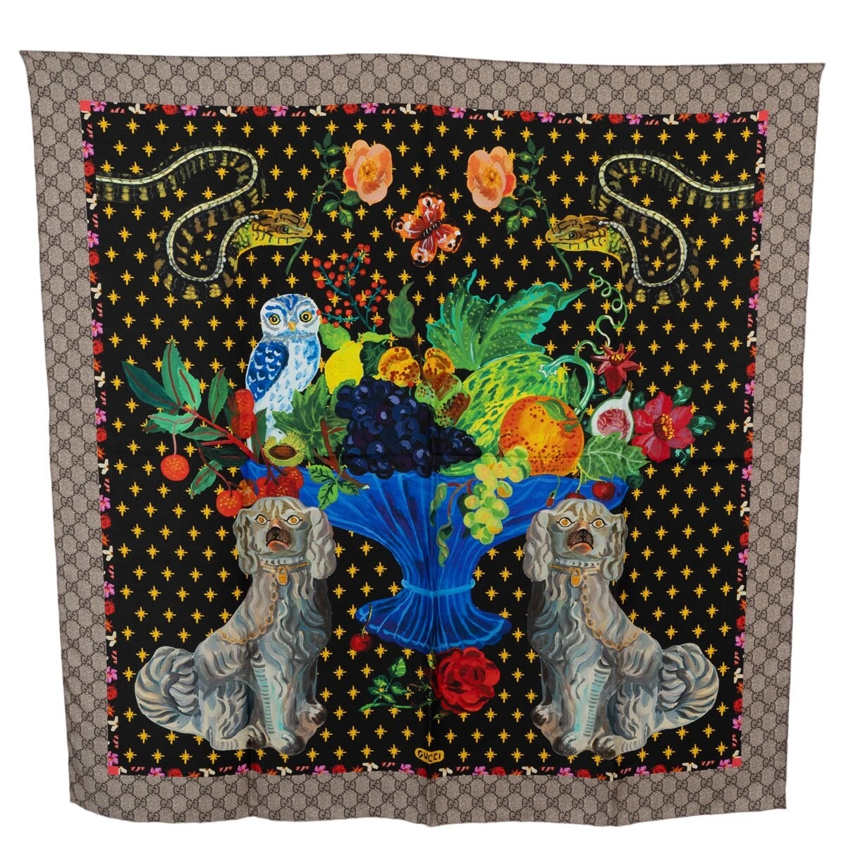 69313 écharpe authentique GUCCI soie noire GG SPANIEL DOGS & VASE 90