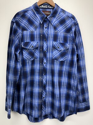 Rock & Roll Cowboy size XL Men s Blue Plaid Pearl Snap Long Sleeve Western Shirt
