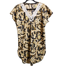 VTG Black Gold Jewelry Print Satin Jacquard Mini Dress Tunic Baroque 80s XXL