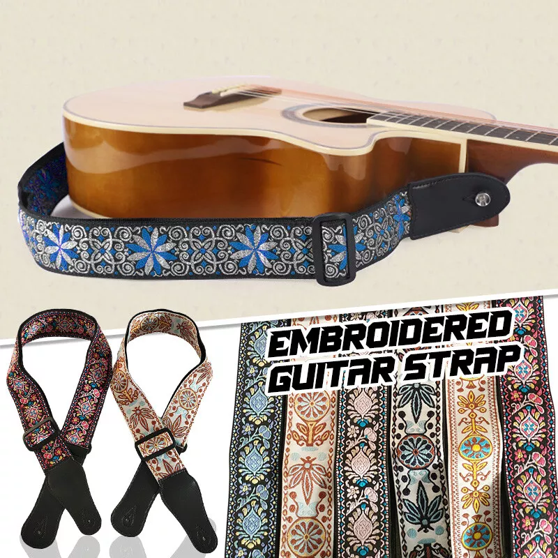 Guitar Strap For Acoustic Guitars , Electric Guitars and Bass , Red Vintage  Woven Embroidered Adjustable Strap Includes 2 Strap Locks To Keep Your