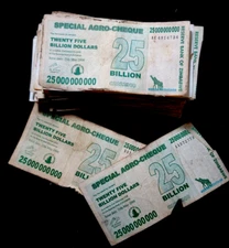100 x Zimbabwe 25 Billion dollar agro cheque banknotes- DAMAGED/POOR CONDITION