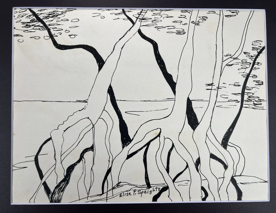 Vtg Abstract Trees Long Root Drawing 11x14” Speights Fine Folk Art Ink Sketch - Image 2 of 4