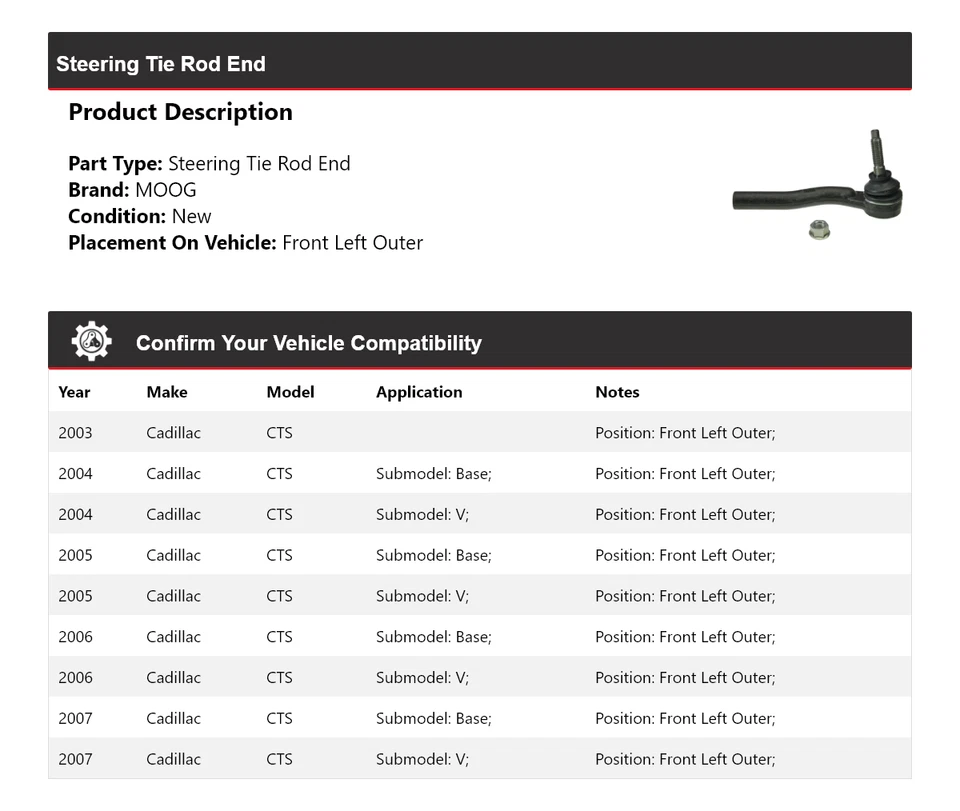 Para Cadillac CTS 2003-2007 extremo de barra de dirección delantera izquierda exterior MOOG 2003 2004 Foto 2 de 4