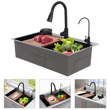 Sink Kitchen Sink Stainless Steel Sink With Faucet Multifunction Sink Set Black！