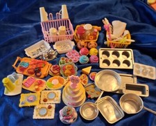 Lot of miniature doll cookware, food, utensils