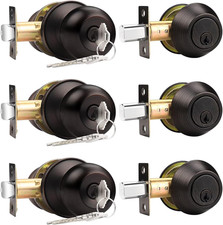 3 Sets-Entry Door Knob Lockset and Single Cylinder Deadbolt Combination Set, Key