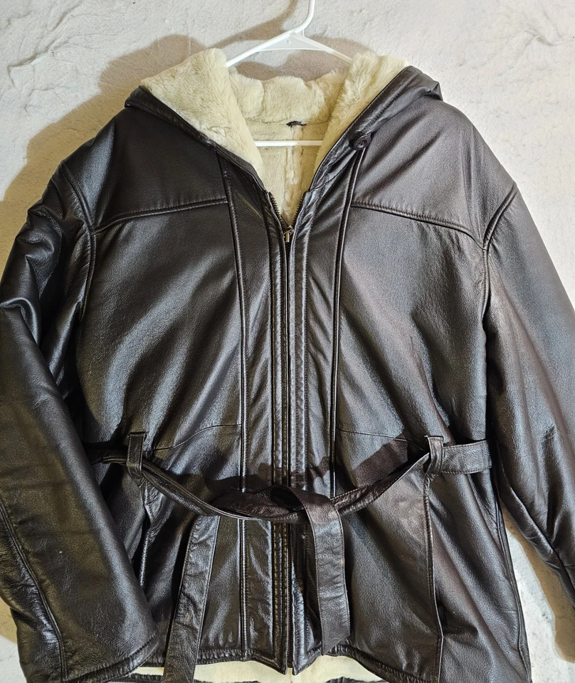 Wilson's 100% Leather Jacket Faux Fur Lined Hooded Full Zip Black Womens Size XL - Image 4 of 4